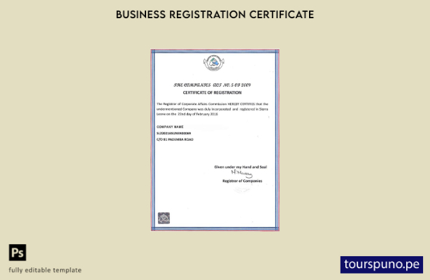 Plantilla de certificado de registro de Sierra Leona lista para imprimir